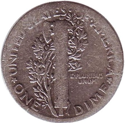 Монета 10 центов. 1924 год, США. Без обозначения монетного двора. Меркурий. Монета 10 центов. 1924 год, США. Без обозначения монетного двора. Меркурий.