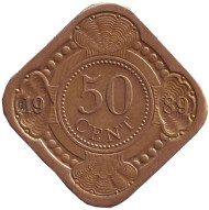 Монета 50 центов. 1989 год, Нидерландские Антильские острова. Монета 50 центов. 1989 год, Нидерландские Антильские острова.