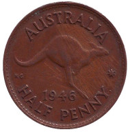 Монета 1/2 пенни. 1946 год, Австралия. Кенгуру. Монета 1/2 пенни. 1946 год, Австралия. Кенгуру.