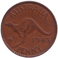 Кенгуру. Монета 1 пенни. 1943 год, Австралия. (Без точки)