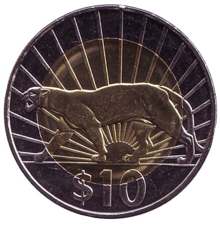 Монета 10 песо. 2015 год, Уругвай. Пума.