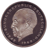 Конрад Аденауэр. Монета 2 марки. 1983 год (J), ФРГ. UNC.