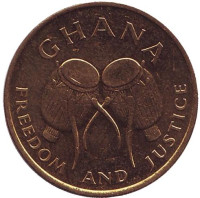 Африканские барабаны. Монета 5 седи. 1984 год, Гана. UNC.