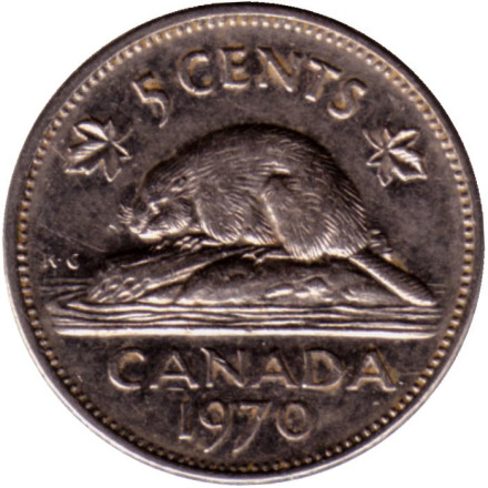 Монета 5 центов. 1970 год, Канада. Бобр.