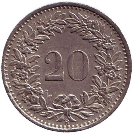 Монета 20 раппенов. 1969 год, Швейцария.