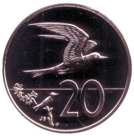Монета 20 центов. 1975 год, Острова Кука. (Отметка монетного двора: "FM"). Австралийская крачка. Монета 20 центов. 1975 год, Острова Кука. (Отметка монетного двора: "FM"). Австралийская крачка.