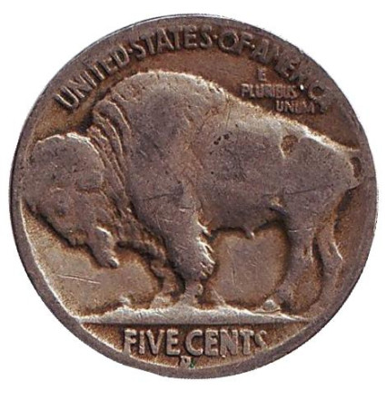 Монета 5 центов. 1935 год (D), США. Бизон. Индеец.