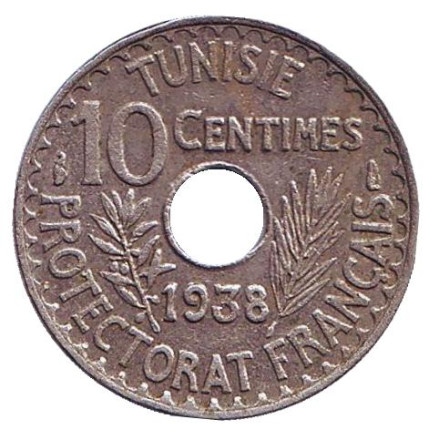 Монета 10 сантимов. 1938 год, Тунис.