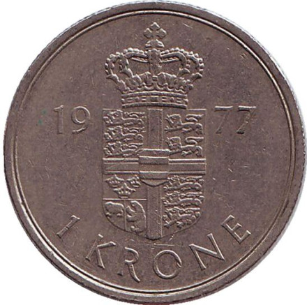 Монета 1 крона. 1977 год, Дания. S;B