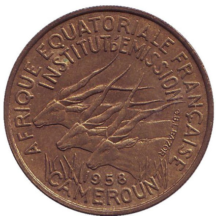 Монета 25 франков. 1958 год, Камерун. XF. Африканские антилопы. (Западные канны).