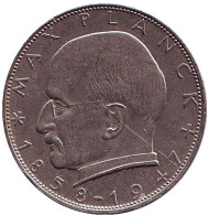 Монета 2 марки. 1963 год (J), ФРГ. Макс Планк. Монета 2 марки. 1963 год (J), ФРГ. Макс Планк.