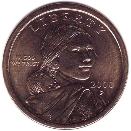 Монета 1 доллар, 2000 год (P), США. Сакагавея (Парящий орел), серия "Коренные американцы".