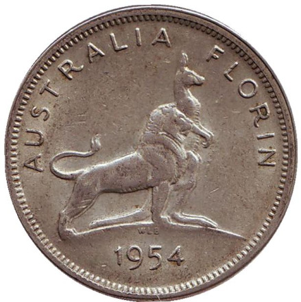 Монета 2 шиллинга (флорин). 1954 год, Австралия. Королевский визит в Австралию.