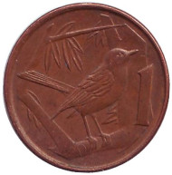 Монета 1 цент, 1992 год, Каймановы острова. Птица на ветке (дрозд). Монета 1 цент, 1992 год, Каймановы острова. Птица на ветке (дрозд).