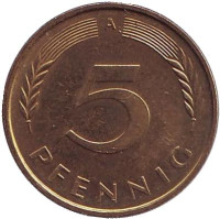 Дубовые листья. Монета 5 пфеннигов. 1991 год (A), ФРГ.