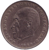 Монета 2 марки. 1974 год (F), ФРГ. Конрад Аденауэр. Монета 2 марки. 1974 год (F), ФРГ. Конрад Аденауэр.