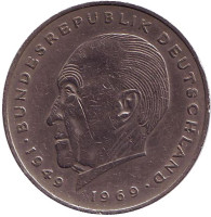 Конрад Аденауэр. Монета 2 марки. 1974 год (F), ФРГ.