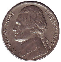 Джефферсон. Монтичелло. Монета 5 центов. 1984 год (D), США.