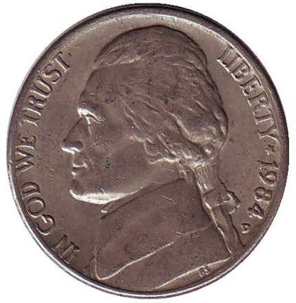Монета 5 центов. 1984 год (D), США. Джефферсон. Монтичелло.