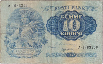 Банкнота 10 крон. 1937 год, Эстония.