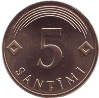 Монета 5 сантимов, 2007 год, Латвия. UNC.