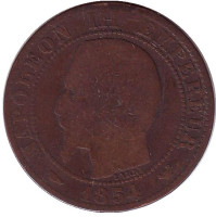 Наполеон III. Монета 5 сантимов. 1854 год (W), Франция.