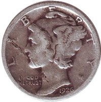 Меркурий. Монета 10 центов. 1926 год, США. Без обозначения монетного двора.