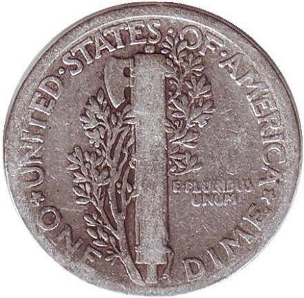 Монета 10 центов. 1926 год, США. Без обозначения монетного двора. Меркурий. Монета 10 центов. 1926 год, США. Без обозначения монетного двора. Меркурий.