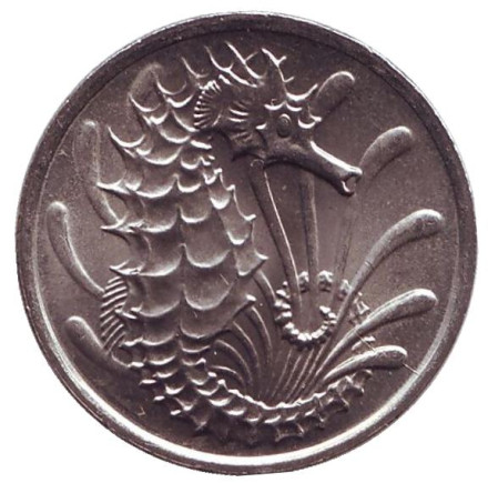 Монета 10 центов. 1984 год, Сингапур. aUNC. Морской конек.