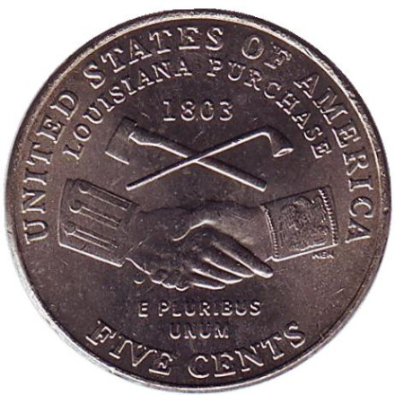Монета 5 центов. 2004 год (P), США. UNC. Покупка Луизианы.