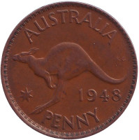 Кенгуру. Монета 1 пенни. 1948 год, Австралия. (Без точки)