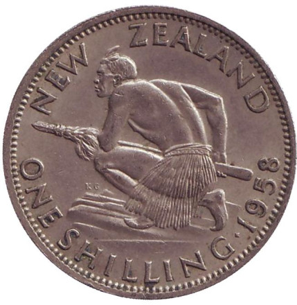 Монета 1 шиллинг. 1958 год, Новая Зеландия. Воин Маори.