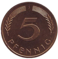 Дубовые листья. Монета 5 пфеннигов. 1978 год (J), ФРГ. UNC.