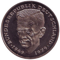 Курт Шумахер. Монета 2 марки. 1983 год (J), ФРГ. UNC.