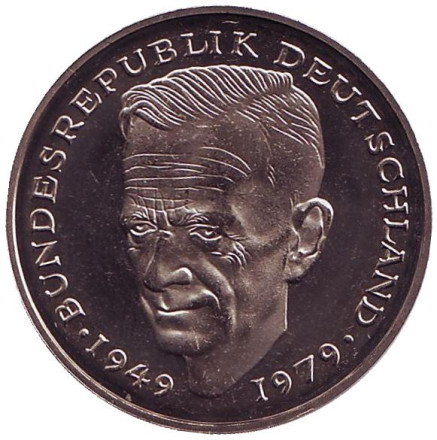 Монета 2 марки. 1983 год (J), ФРГ. UNC. Курт Шумахер.
