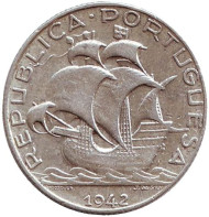 Монета 2,5 эскудо. 1942 год, Португалия. Парусник. Монета 2,5 эскудо. 1942 год, Португалия. Парусник.