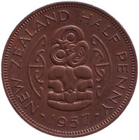 Амулет-талисман Хей-Тики. Монета 1/2 пенни, 1957 год, Новая Зеландия.