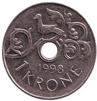 Монета 1 крона. 1998 год, Норвегия. Птица на виноградной лозе. Монета 1 крона. 1998 год, Норвегия. Птица на виноградной лозе.