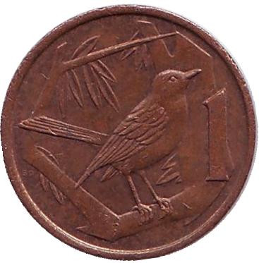 Монета 1 цент, 1972 год, Каймановы острова. Птица на ветке (дрозд).