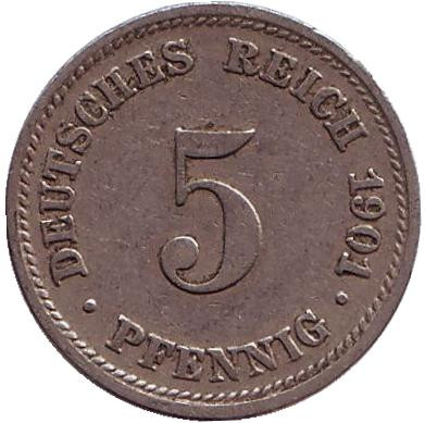 Монета 5 пфеннигов. 1901 год (D), Германская империя.