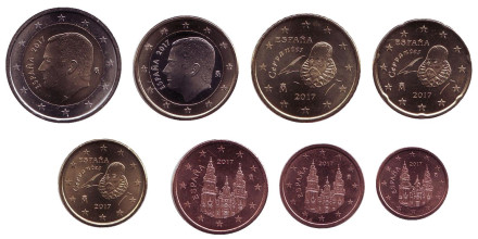 Набор монет евро (8 шт). 2017 год, Испания.