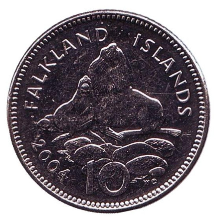 Монета 10 пенсов. 2004 год, Фолклендские острова. UNC. Морские львы.