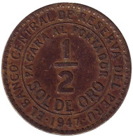Монета 1/2 соля. 1947 год, Перу. Монета 1/2 соля. 1947 год, Перу.