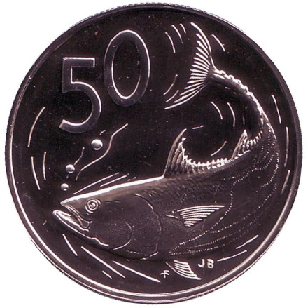Монета 50 центов. 1975 год, Острова Кука. (Отметка монетного двора: "FM"). Тунец.