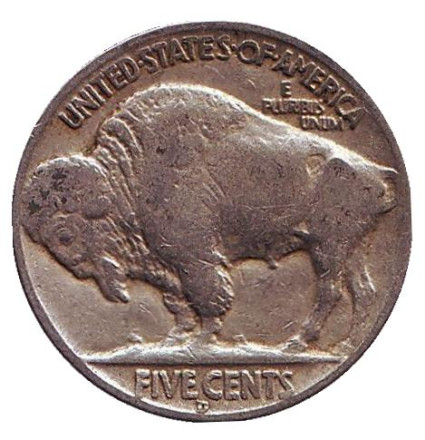 Монета 5 центов. 1936 год (D), США. Бизон. Индеец.