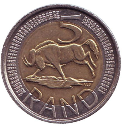 Монета 5 рандов. 2014 год, ЮАР. Без отметки монетного двора. Антилопа гну.