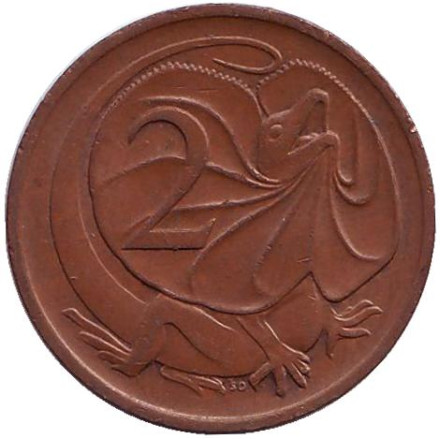 Монета 2 цента. 1970 год, Австралия. Плащеносная ящерица.