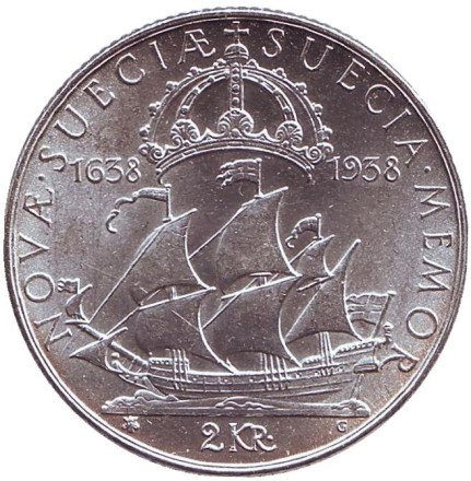 Монета 2 кроны. 1938 год, Швеция. 300-летний юбилей с момента основания посёлка Делавэр.