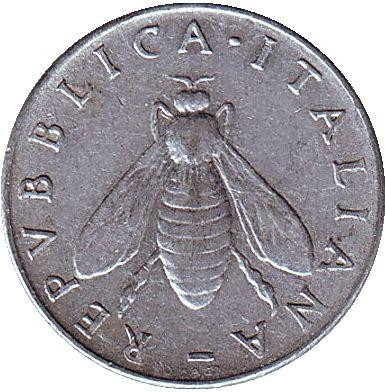 Монета 2 лиры. 1955 год, Италия. Медоносная пчела.