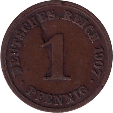 Монета 1 пфенниг. 1907 год (J), Германская империя.